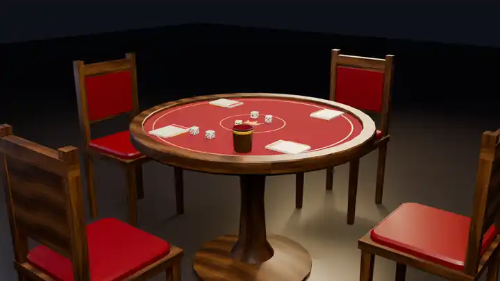 A render of the Dice Kings table with chairs, the dice cup, dice and score pads