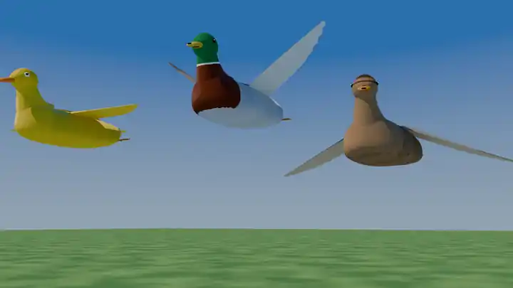 A render of the three ducks in the air with their wings unfolded