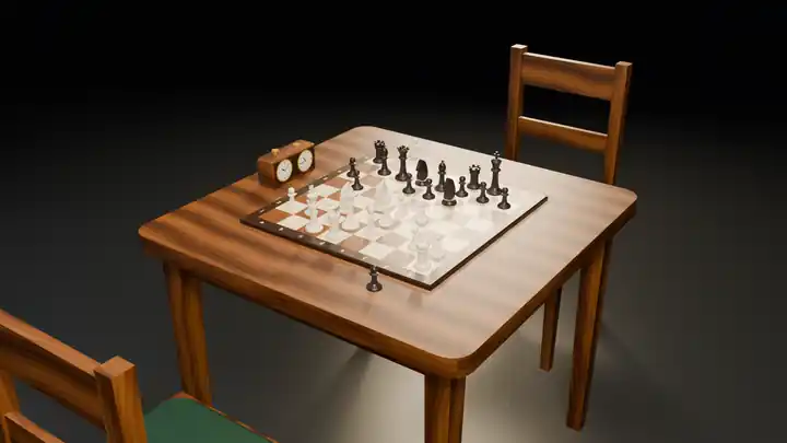 A render of the chess table with the board, the pieces, the clock and chairs