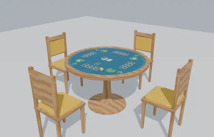 A render of the Duck Down table with four chairs, the cards and the rubber duck