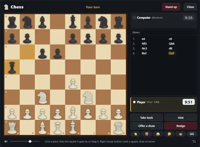 The Chess board a few moves into a game against the computer