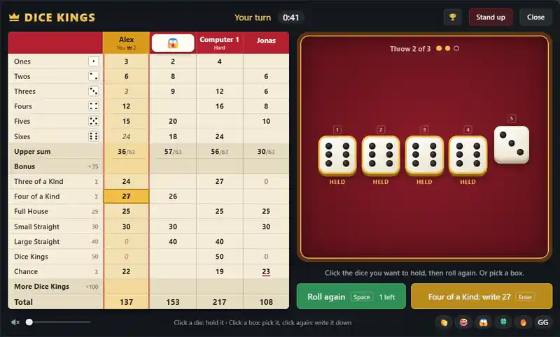The Dice Kings board with the score pad on the left and four dice held