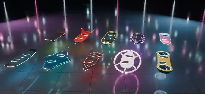 A render of the ten hoverboards hovering over a polished floor in two rows