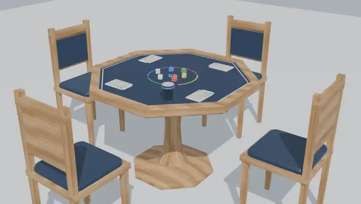 A render of the Quicks table with four chairs, the dice cup, the dice and four score sheets