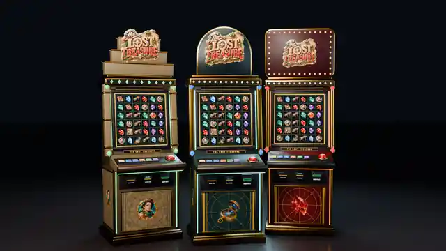 A render of three Lost Treasure slot cabinets in different looks