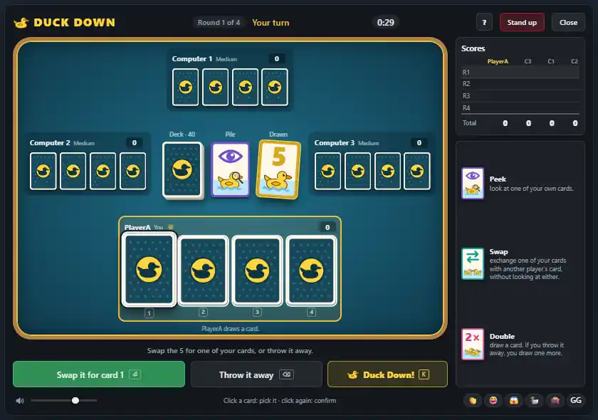 The Duck Down board on a player's turn