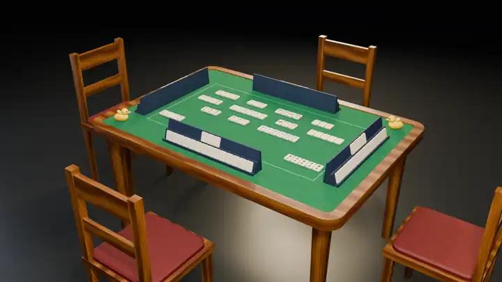 A render of the Rummiduck table with four racks, tiles on the felt, two rubber ducks and chairs